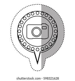 monochrome sticker with analog camera and circular speech with contour dotted and tail vector illustration