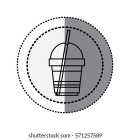 monochrome sticker contour in circular dot line with disposable glass of cappuccino with straw