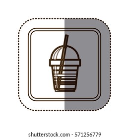 monochrome sticker contour in square frame with disposable glass of cappuccino with straw