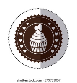 monochrome sticker with cupcake with heart in round frame . Vector illustration