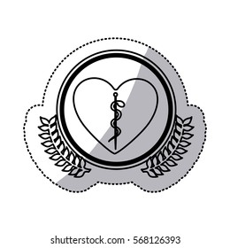 monochrome sticker of heart with health symbol with serpent entwined in circle with olive branchs