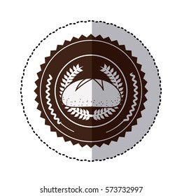 monochrome sticker with olive crown and bread in decorative round frame vector illustration