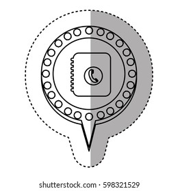 monochrome sticker with phone book and circular speech with contour dotted and tail vector illustration