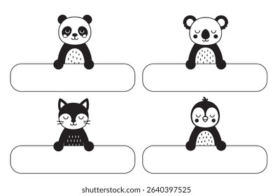 Monochrome sticker set with panda, koala, cat, and penguin peeking over blank labels. Flat vector style, ideal for printable crafts, kids’ planners, stationery, and school use.