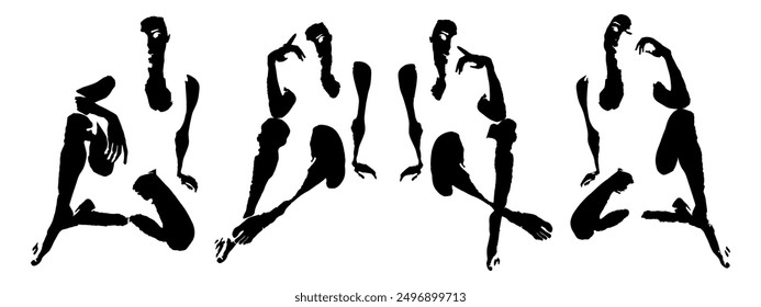 Monochrome sticker set. Stickers with different body poses. Positions of the face, torso, arms and legs. Halftone silhouettes. Icons for messages, creating an atmosphere, website, avatar. Vector