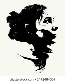 Conjunto de pegatinas monocromas con cara de mujer. Pegatinas con diferentes emociones. La posición de la cara. Siluetas de semitonos. Iconos para mensajes, crear una atmósfera, Sitio web, avatar. Vector