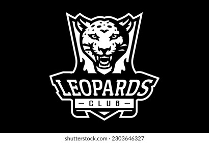 Monochrome sticker, sport logo with leopard mascot. Black and white emblem with the head of a leopard mascot on the background of a shield with a team font. Isolated vector illustration