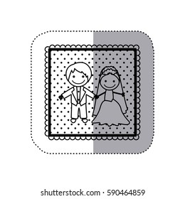 monochrome sticker in square frame and dotted with hand drawn married couple vector illustration