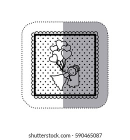 monochrome sticker in square frame and dotted with hand drawn bride and balloons of hearts vector illustration