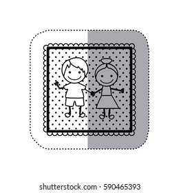 monochrome sticker in square frame and dotted with hand drawn couple of children vector illustration