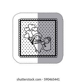 monochrome sticker in square frame and dotted with hand drawn of married couple and balloons of hearts vector illustration