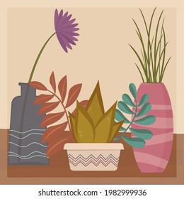 Monochrome still life with three vases and plants