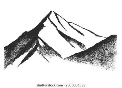 Monochrome stippled mountain illustration, ideal for minimalist outdoor and adventure designs. Suitable for branding, logos, and merchandise, emphasizing natural and rugged aesthetics