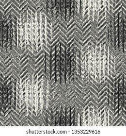 Monochrome Stitched Dots Herringbone Textured Distressed Background. Seamless Pattern.