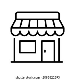 Monochrome store front facade with awning line icon vector illustration. Linear outline logo commercial shop building with window and door entrance isolated. Storefront grocery local market at street