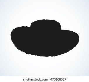 Monochrome straw hat isolated on white background. Dark ink hand drawn object sketch in art retro engraving style pen on paper. Side closeup view with space for text