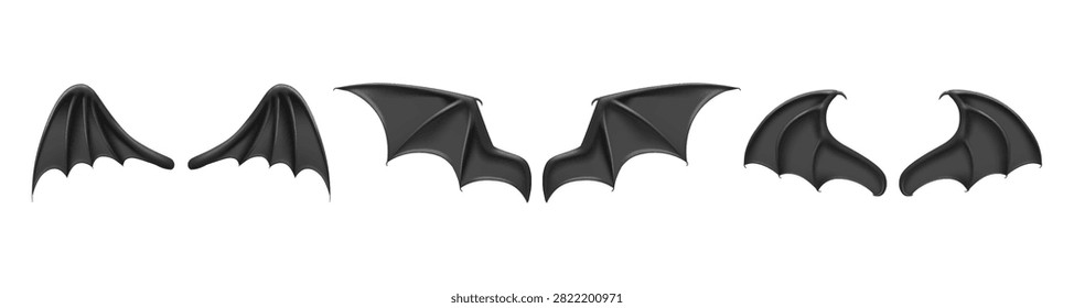 Monochrome stretched wings pair, isolated realistic bat flaps. Vector part of costume of fantasy creature or fictional personage. Bird or animal body elements, flying mammals forewings
