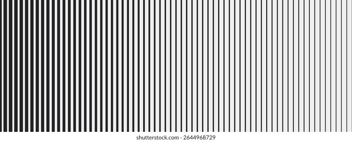 Patrón de rayas monocromáticas con desvanecimiento lineal en blanco y negro. El gradiente suave forma un fondo abstracto basado en líneas. Ilustración vectorial
