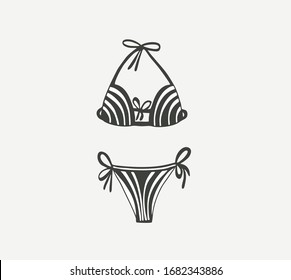 Monochrome, striped black and white split swimsuit with laces. Drawn in flat style. Body isolated vector. Ready emblem logo for print.