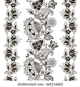 Monochrome Striped Flower Ornament with Paisley. Hand drawn flowers and butterflies for the anti stress coloring page.