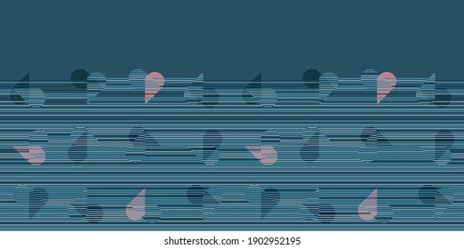 Monochrome striped seamless vector pattern. Horizontal border with geometric hearts in blue and pink. Great for interiors, prints, fabrics and stationery. 