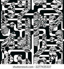 Monochrome stripes with wavy lines. Seamless pattern