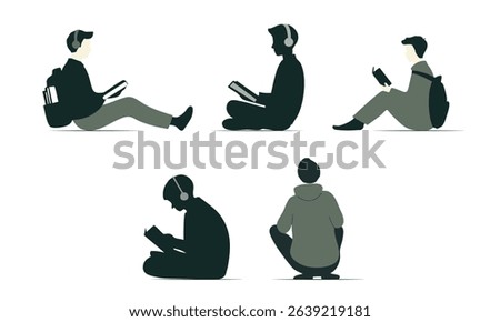 Monochrome student silhouettes. Flat set of students sitting with books and headphones