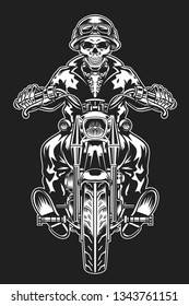 Monochrome style skull rider riding a motorcycle with a dark background for a custom logo, t-shirt design, emblems, embroidery and print
