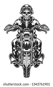 Monochrome style skull rider riding a motorcycle with a white background for a custom logo,  t-shirt design, emblem, embroidery and print