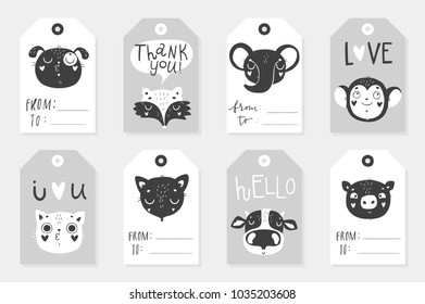 Monochrome stylich kids collection of eight cute childish ready-to-use gift tags with animals. Set of 8 printable hand drawn holiday label in monochrome colors. Vector badge design