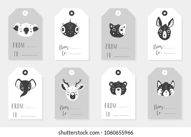 Monochrome stylich kids collection of eight cute childish ready-to-use gift tags with animals. Cute scandi black and white tags with animals. Vector badge design