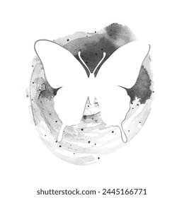 Monochrome stylish vector design with butterfly. Watercolor silhouette of butterfly. Romantic hand drawn abstract illustration with splashes