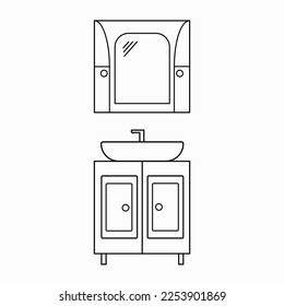 Monochrome stylish vintage bath mirror, sink and cabinet in a simple line style. Vector bathroom elements set