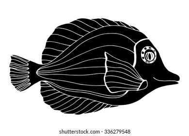 Monochrome stylized Fish. Hand Drawn doodle vector illustration isolated on white background. Sketch for tattoo or makhenda. Sea food collection.