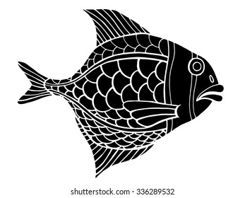 Monochrome stylized Fish. Hand Drawn doodle vector illustration isolated on white background. Sketch for tattoo or makhenda. Sea food collection.