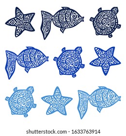 Monochrome stylized image of a turtle, fish and starfish. Blue object isolated on white background. Logo, icon, print, symbol or tattoo. Ethno style with decorative ornament. Vector illustration.