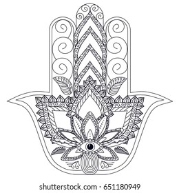 Monochrome stylized ornamental hamsa for logo, for tattoo, for machindi stock vector illustration