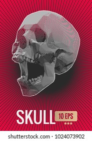 Monochrome stylized stripe line screaming skull illustration transparent on red shine stroke background