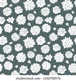Monochrome succulents seamless pattern on a dark background. Floral vector hand drawn illustration