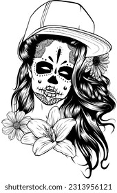 monochrome Sugar woman skull with flower and hat
