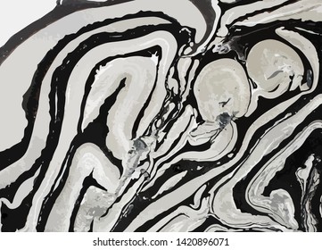 Monochrome suminagashi surface vector illustration. Dark color decorative wallpaper with fluid swirl effect. Hand drawn ink mixture, painting. Traditional japanese marbling art. Ebru stains background