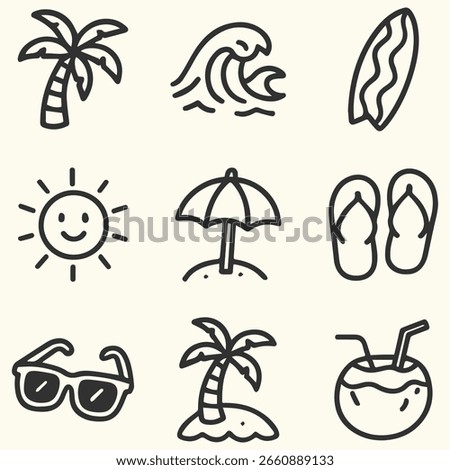 Monochrome Summer Beach Icon Pack – 9 Kawaii Doodle Vector Elements