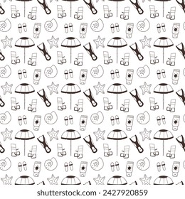 Monochrome summer beach vibes item seamless pattern. Beach bed and umbrella, seashell, diving fins, starfish, sunscreen, flip flops wallpaper background