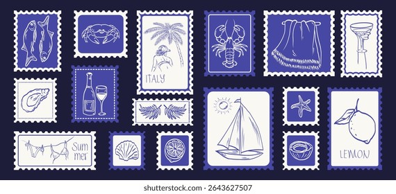 Monochrome summer mediterranean postage stamps. Vacation in Italy. Amalfi. Sticker with print with image of lemons, sardine, seashell, lobster, crab, boat, cocktail, shrimp. Vector illustration.