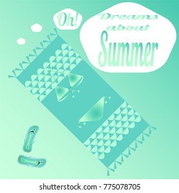 Monochrome summer pattern. Beach, towel, swimsuit, flip flops. Text-Oh, dreams about summer.