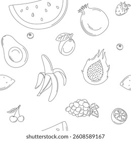 monochrome summer seamless pattern with outline fruits 
