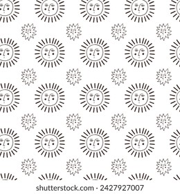 Monochrome sun face seamless pattern. Retro wallpaper background