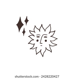 Monochrome sun face with star. Vector doodle hand drawn black and white illustration posters t-shirts and stickers