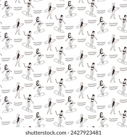 Monochrome surf girl seamless pattern. Retro Surfing Vibes Wallpaper Background