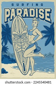 Monochrome surf vintage poster with a pin up girl on a beautiful beach